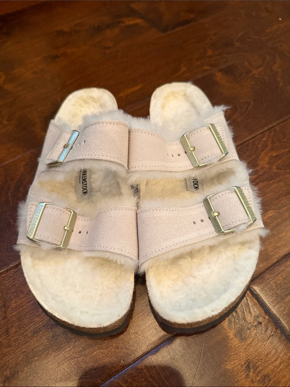 Women’s Birkenstock Cream Shearling Double Buckle Slide Sandals - Size 40